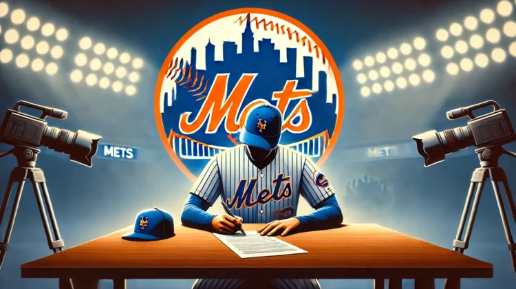 Illustration of a baseball player wearing a New York Mets jersey signing a contract at a table with cameras and the Mets logo behind him