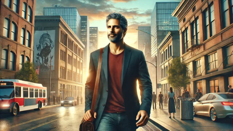 Stylish middle-aged man walking confidently down a city street at sunrise, symbolizing starting over at 50 with an entrepreneurial mindset