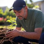 Middle-aged man kneeling in a garden planting a small seedling, symbolizing a fresh start and designing life after 50