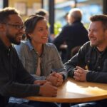 Group of three friends sitting together at a café table, smiling and supporting each other, representing an accountability partnership