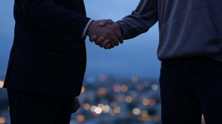 Close-up of two businessmen shaking hands with city lights in the background, symbolizing transition to entrepreneurship and a legitimate business
