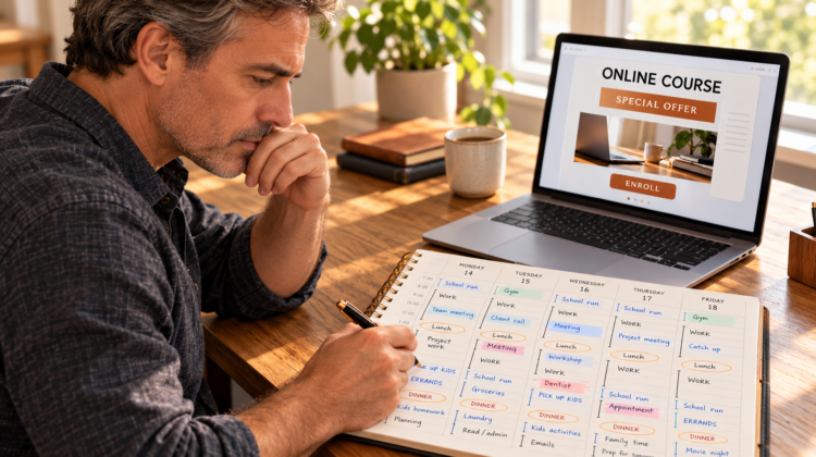 A man looks over a full weekly planner beside a laptop showing an online-course offer.