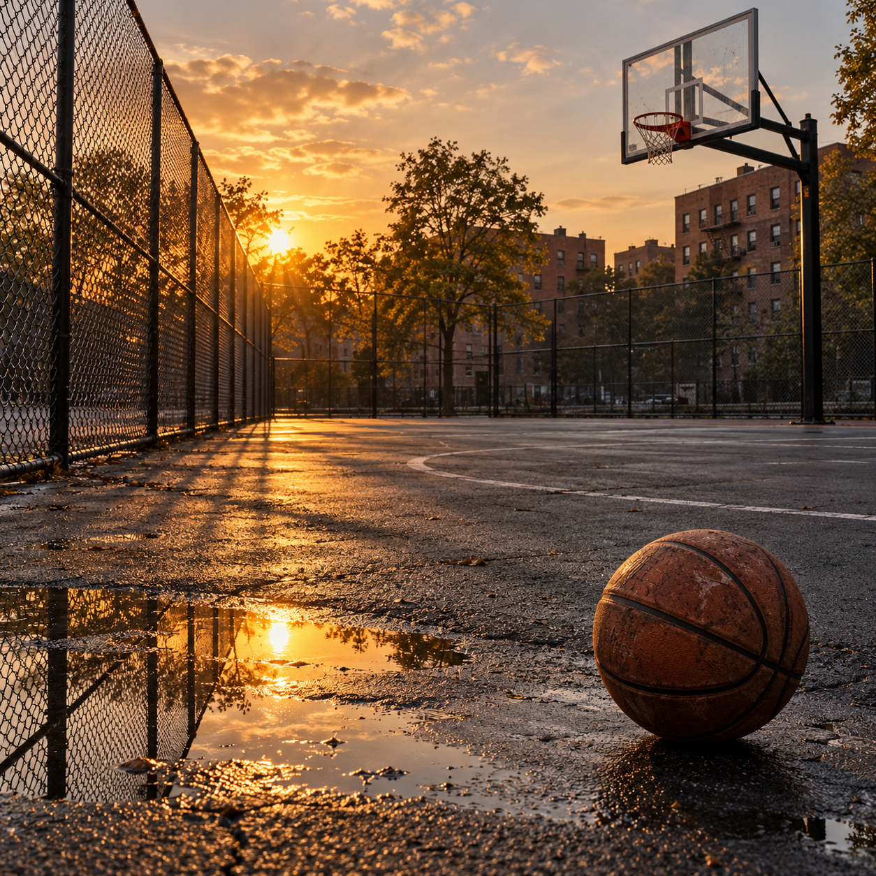 A basketball on an outdoor court in warm evening light.